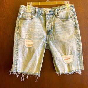 Driftwood Jill Distressed Bandana Patch Button Fly Bermuda Shorts